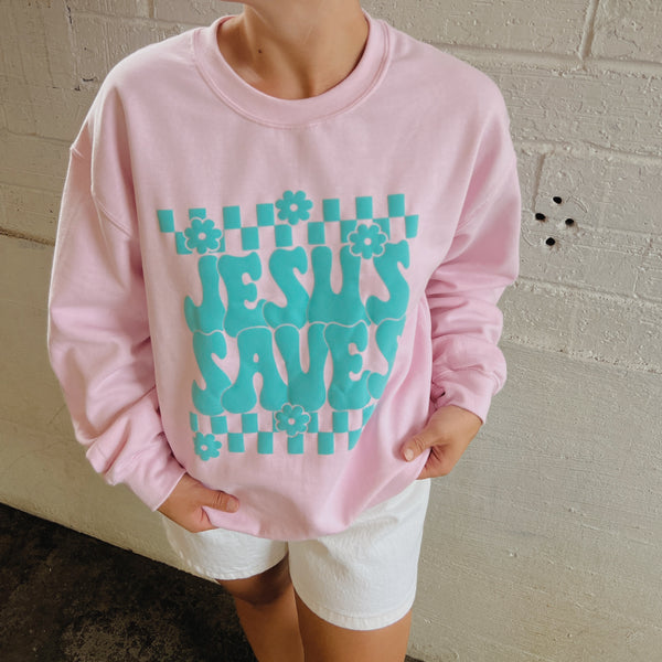 "Jesus Saves" Pink Crew Neck