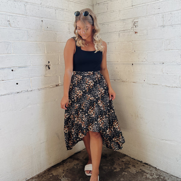 Black Floral High-Low Tiered Skirt