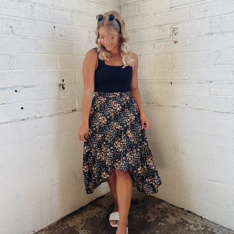 Black Floral High-Low Tiered Skirt