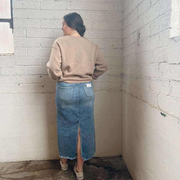 High Rise Frayed Mid Skirt