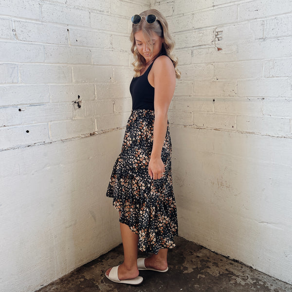 Black Floral High-Low Tiered Skirt