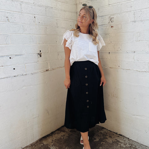 Black Button Down Midi Skirt