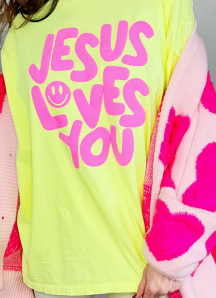 Smiley Jesus loves you puff tee