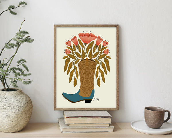New Suede Bouquet - Cowboy Boot Floral Illustration Print