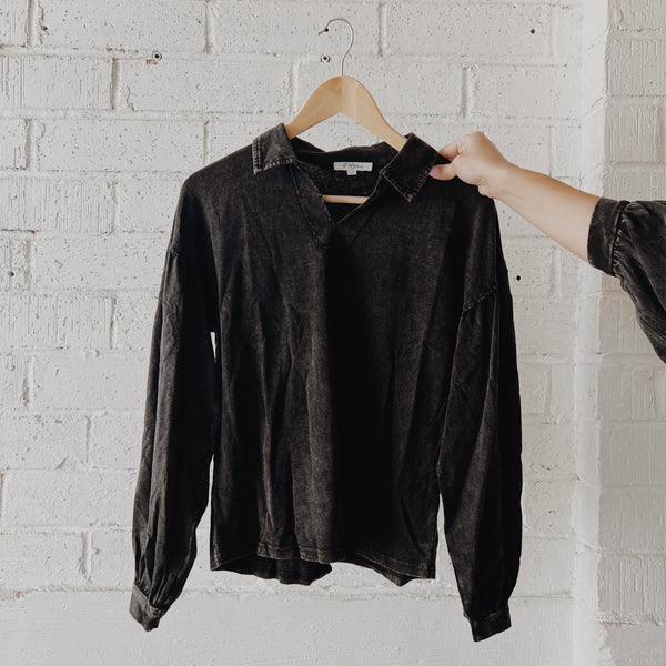 Distressed Black Collared Top