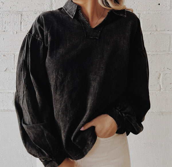 Distressed Black Collared Top