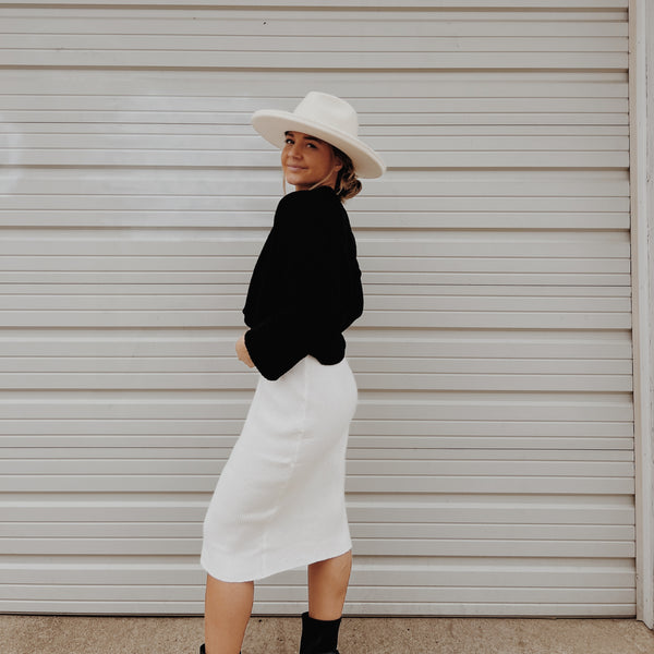 Ivory Ribbed Sweater Skirt | Midi