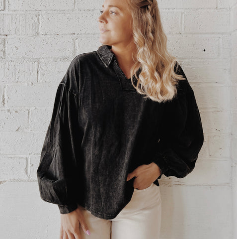 Distressed Black Collared Top