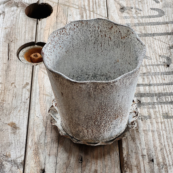 Distressed Metal Planter with Pleated Saucer